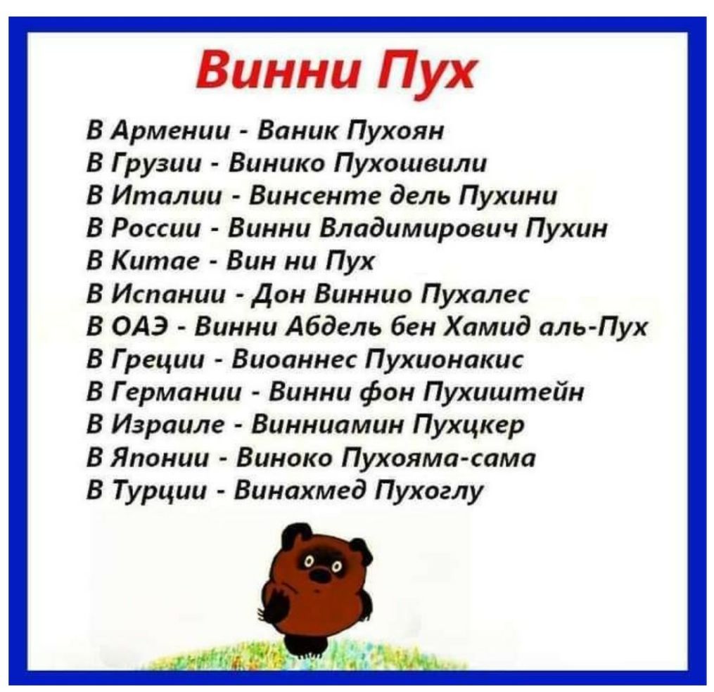 Винни Пух В Армении Ваник Пухоян В Грузии Винико Пухошвили В Италии Винсенте дель Пухини В России Винни Владимирович Пухин В Китае Вин ни Пух В Испании Дон Виннио Пухалес В ОАЭ Винни Абдель бен Хамид аль Пух В Греции Виоаннес Пухионакис В Германии Винни фон Пухиштейн В Израиле Винниамин Пухцкер В Японии Виноко Пухояма сама В Турции Винахмед Пухоглу