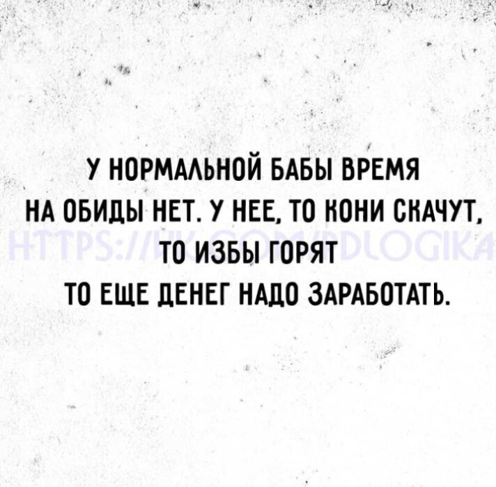 У НОРМАЛЬНОЙ БАБЫ ВРЕМЯ НА ОБИДЫ НЕТ У НЕЕ ТО КОНИ СКАЧУТ ТО ИЗБЫ ГОРЯТ ТО ЕЩЕ ДЕНЕГ НАДО ЗАРАБОТАТЬ