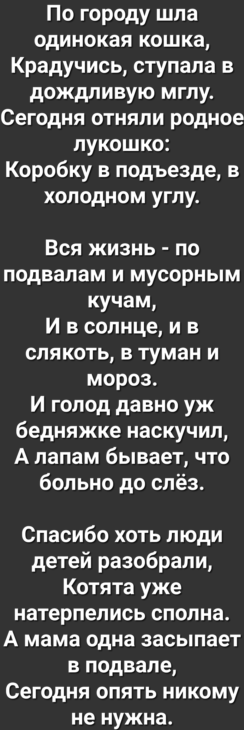 По городу шла одинокая кошка Крадучись ступала в дождливую мглу Сегодня отняли родное лукошко Коробку в подъезде в холодном углу Вся жизнь по подвалам и мусорным кучам И в солнце и в слякоть в туман и мороз И голод давно уж бедняжке наскучил А лапам бывает что больно до слёз Спасибо хоть люди детей разобрали Котята уже натерпелись сполна А мама одна засыпает в подвале Сегодня опять никому не нужна