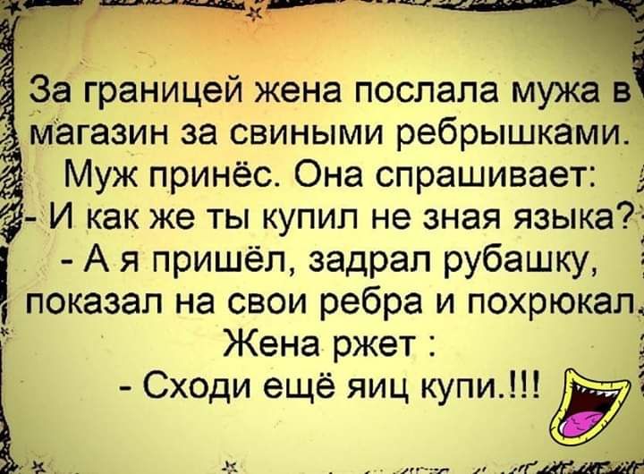 За ГраНИцей жена послала мужё в Муж принёс Она спрашивает И как же ты купил не зная языка А я пришёл задрал рубашку показал на свои ребра и похрюкал Жена ржет і Сходи ещё яиц купи Ё 11с к тишина