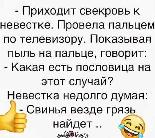 Приходитсвекровьк невесткеПровелапальцем потелевизоруПоказывая пыльнапальцатовориг Какаяестьпосповицана этотслучай Невестканедоппэдумая Свиньявездегрязь найдет