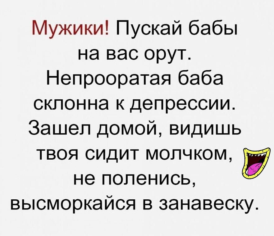 Мужики Пускай бабы на вас орут Непрооратая баба склонна к депрессии Зашел домой видишь твоя сидит мопчком не попенись высморкайся в занавеску