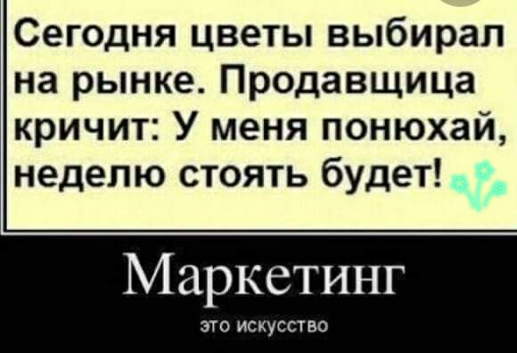 Сегодня цветы выбирал на рынке Продавщица кричит У меня понюхай неделю стоять будет Маркетинг ЭТО ИСКУССТВО
