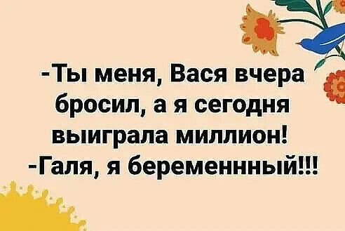 Ты меня Вася вчера бросил а я сегодня выиграла миллион Галя я беременнный