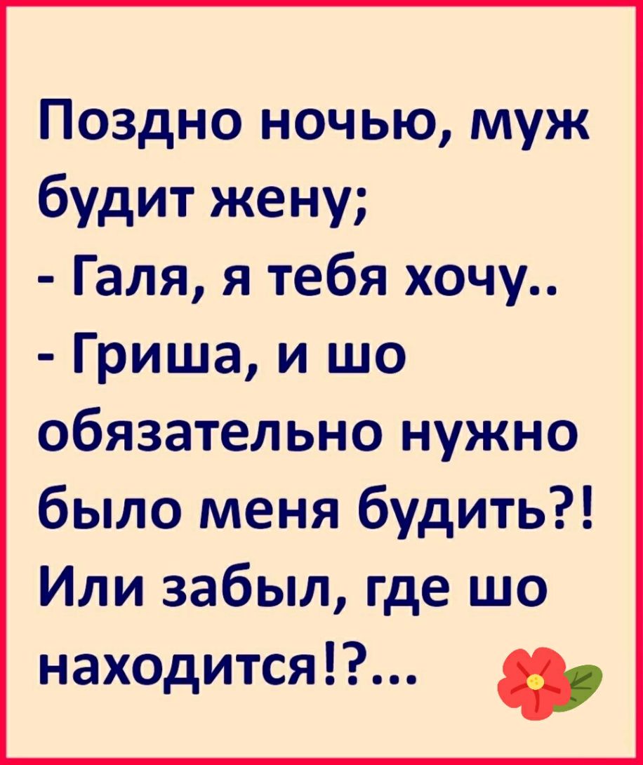 Поздно ночью муж будит жену Галя я тебя хочу Гриша и шо обязательно нужно было меня будить Или забыл где шо находится