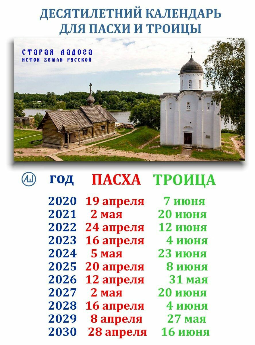 дЕсятилвтний КАЛЕНДАРЬ для ПАСХИ и троицы СГНРЗЯ 080033 истпи ветви гисскои год ПАСХА ТРОИЦА 2020 19 апреля 7 июня 2021 2 мая 20 июня 2022 24 апреля 12 июня 2023 16 апреля 4 июня 2024 5 мая 23 июня 2025 20 апреля 8 июня 2026 12 апреля 31 мая 2027 2 мая 20 июня 2028 16 апреля 4 июня 2029 8 апреля 27 мая 2030 28 апреля 16 июня