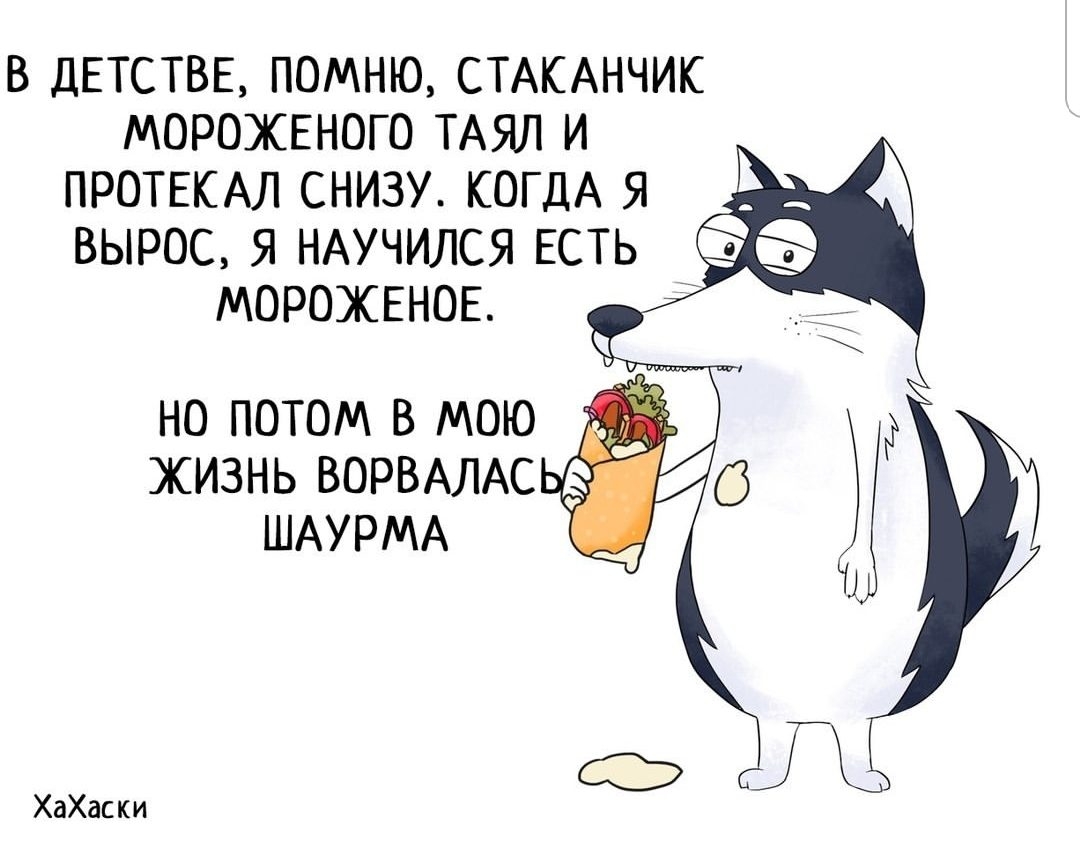 В ДЕТСТВЕ ПОМНЮ СТАКАНЧИК МОРОЖЕНОГО ТАЯЛ И ПРОТЕКАЛ СНИЗУ КОГДА Я ВЫРОС Я НАУЧИЛСЯ ЕСТЬ МОРОЖЕНОЕ но потом в мою жизнь ВОРВАЛАС ШАУРМА ч ХаХаски