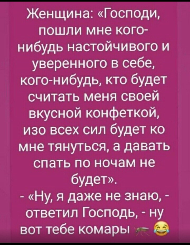 Женщина Господи пошли мне кого нибудь настойчивого и уверенного в себе кого нибудь кто будет считать меня своей вкусной конфеткой изо всех сил будет ко мне тянуться а давать спать по ночам не будет Ну я даже не знаю ответил Господь ну вот тебе комары