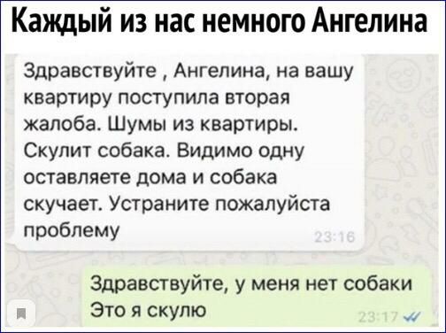 Каждый из нас немного Ангелина Здравствуйте Ангелина на вашу квартиру поступила вторая жалоба Шумы из квартиры Скупит собака Видимо одну оставляете дома и собака скучает Устраните пожалуйста проблему Здравствуйте у меня нет собаки Это я скупю