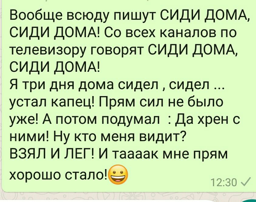 Вообще всюду пишут СИДИ ДОМА СИДИ ДОМА Со всех каналов по телевизору говорят СИДИ ДОМА СИДИ ДОМА Я три дня дома сидел сидел устал капец Прям сил не было уже А потом подумал Да хрен с ними Ну кто меня видит ВЗЯЛ И ЛЕГ И таааак мне прям хорошо стало 1230