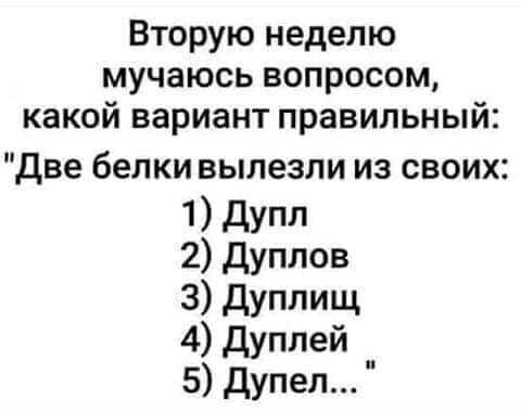 Вторую неделю мучаюсь вопросом какой вариант правильный две белки вылезли из своих 1 дупп 2 дуплов 3 дуплищ 4 дуплей 5 дупел