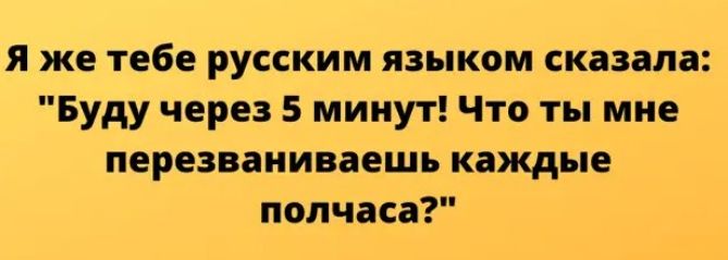 я же тебе русским языком сказала Буду через 5 минут Что ты мне перезваниваешь каждые полчаса