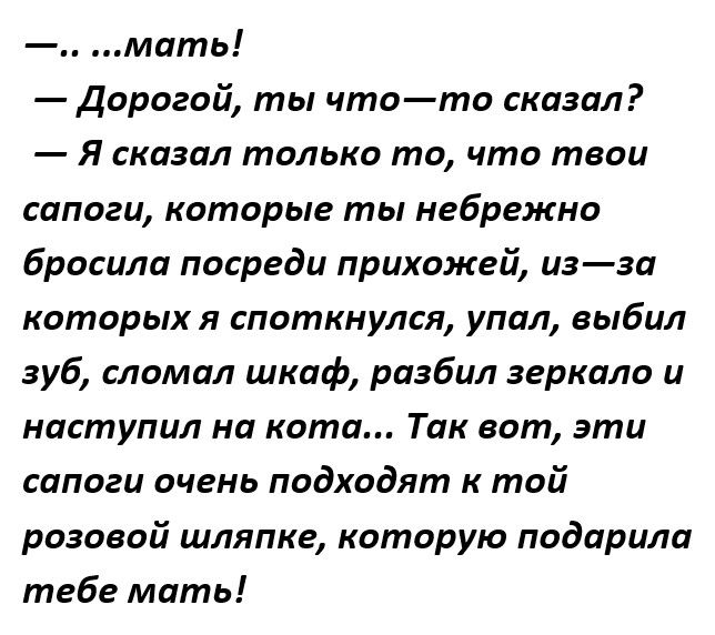 мать Дорогой ты чтото сказал Я сказал только то что твои сапоги которые ты небрежно бросила посреди прихожей изза которыхя споткнулся упал выбил зуб сломал шкаф разбил зеркало и наступил на кота Так вот эти сапоги очень подходят к той розовой шляпке которую подарила тебе мать