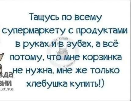 Тащусь по всему супермаркету с продуктами в руках и Е зубах а всё потому чтб Ёине корзинка дане нужна мне же только 1431 хпебушка купить