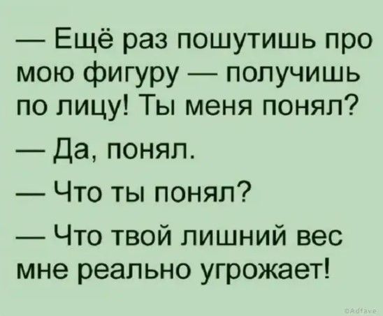 Ещё раз пошутишь про мою фигуру получишь по лицу Ты меня понял Да понял Что ты понял Что твой лишний вес мне реально угрожает