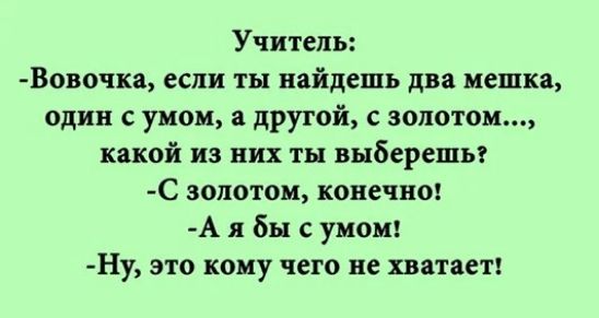 Учитель Вовочка если ты найдешь два мешка один с умом а другой с воло ком какой из них ты выберешь С золотом конечно А я бы с умом Ну это кому чего не хватает