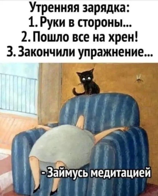 Утренняя зарядка 1 Руки в стороны 2 Пошло все на хрен 3 Закончили упражнение айіЧусь медитацией