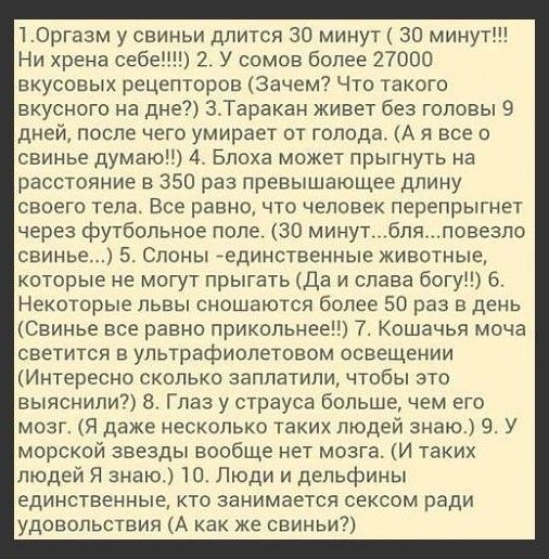 10ргазм у свиньи длится 30 минут 30 минут Ни хрена себе 2 У сомов более 27000 вкусовых рецепторов Зачем Что такого вкусного на дне 3Таракан кивет без головы 9 дней после чего умирает от голода А я все о свинье думаю 4 Блоха может прыгнуть на расстояние в 350 раз превышающее длину своего тела Все равно что человек перепрыгнет через футбольное поле 30 минут бля повезло свинье 5 Слоны единственные жи