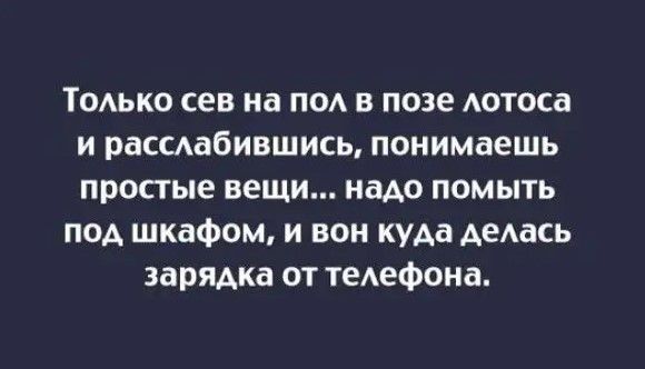 ТОАЬКО сев на под в позе Аотоса и рассдабившись понимаешь простые вещи надо помыть под шкафом и вон куда АеАась зарядка от теАефона