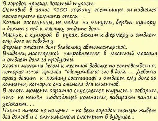 В городок и ищи богатый турист Осмаёмб в залог 100 хозяину гостиницы он подними посмотришь компоты отеля Хозяин гостиницы на меды ни минуты берёт купюру и бежит с ней к мимику отдать дмг Мясник куию ой 6 руках бежит к фирмару и отдает ему долг зд годя ину Фермер отдаем дмг Модем дБмдмавмврской Владелец мастерской ноиро Анти 6 местный магазин мдм дом за продукты Хозяин магазина бегом местной девиц 