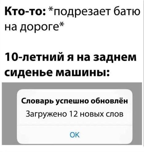 Кто то подрезает батю на дороге 10 летний я на заднем сиденье машины Словарь успешно обновлён Загружено 12 новых слов СЖ