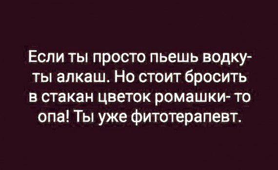 Если ты просто пьешь водку ты алкаш Но стоит бросить в стакан цветок ромашки то опа Ты уже фитотерапевт