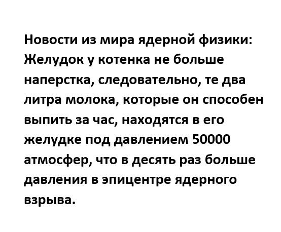 Новости из мира ядерной Физики Желудок у котенка не больше наперстка следовательно те два литра молока которые он способен выпить за час находятся в его желудке под давлением 50000 атмосфер что в десять раз больше давления в эпицентре ядерного взрыва