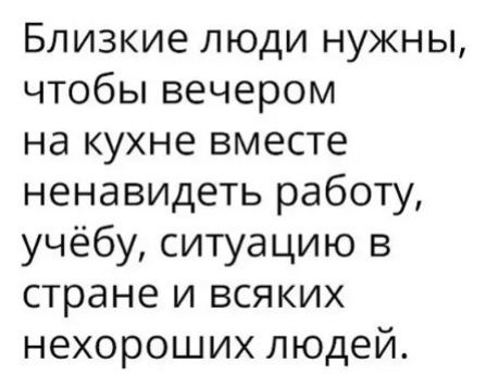 Близкие люди нужны чтобы вечером на кухне вместе ненавидеть работу учёбу ситуацию в стране и всяких нехороших людей