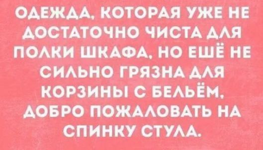 ОДЕЖДА КОТОРАЯ УЖЕ НЕ ДОСТАТОЧНО ЧИСТА ПОЛКИ ШКАФА НО НЕ СИЛЬНО ГРЯЗНА КОРЗИНЫ С АОБРО ПОЖАЛОВАТЬ НА СПИНКУ СТУЛА
