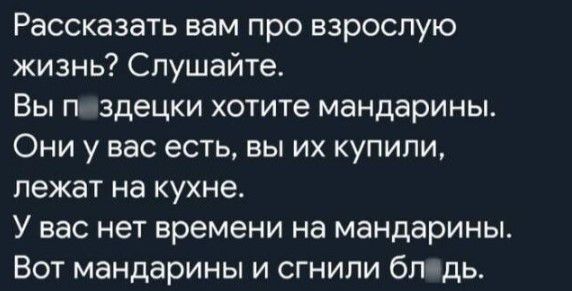 Рассказать вам про взрослую жизнь Слушайте Вы п здецки хотите мандарины Они у вас есть вы их купипи лежат на кухне У вас нет времени на мандарины Вот мандарины и сгнили бледь