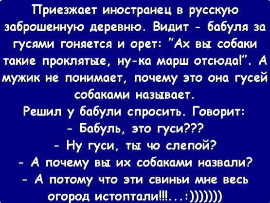 Приезжает иностранец в русскую заброшенную деревню Видит бабуля за гусями гоняется и орет Ах вы собаки таки проклятым ну ка марш отсюмі А мужик не понимает почему ЭТО ОНО гусей собаками ндзнвоет Решил у бабули спросить Говорит Бабуль это гуси Ну гуси ты чо слепой А почему вы их собаками назвали А потому что эти свиньи мне весь огород истопголи