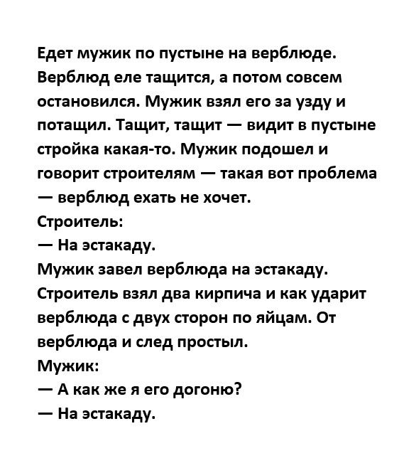 Едет мужик по пустыне на верблюде Верблюд еле тащится патом совеем остановился Мужик взял его за узду и потащил Тащит тащит видит в пустыне стройка какая то Мужик подошел и говорит строителям такая вот проблема верблюд ехать не хочет Строитель На эстакаду Мужик завел верблюда на эпакаду Строитель взял два кирпич и как ударит верблюда с двух стран по яйцам От верблюда и след при Мужик _ А как же я 