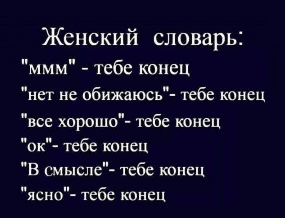 Женский словарь ммм тебе конец нет не обижаюсь тебе конец все хорошо тебе конец ок тебе конец В смысле тебе конец ясно тебе конец