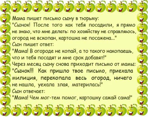 ЭЭёёйёё Мим пишет письмо сыну тюрьму Сынои Паше юго юа посадил я прямо _ и ща ш дають по хопйшу м спи шось игарпл м итти трюшт посажена Сын пишет ответ в огород копий што мн что и иди пасшт и мн срок пищи Через месяц сыну снова приходит письмо от мамы сити Как пришпа письмо приехала милиция пирышпапп весь огород ничего иенашпп уцхппп эми мдтвриладь тм Чш мог им помиг ицрюшку шой сама ёёёёёёёёёёёёё