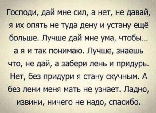 Господи дай мне сил а нет не давай я их опять не туда дену и устану ещё больше Лучше дай мне ума чтобы а я и так понимаю Лучше знаешь что не дай а забери лень и придурь Нет без придури я стану скучным А без лени меня мать не узнает Ладно извини ничего не надо спасибо