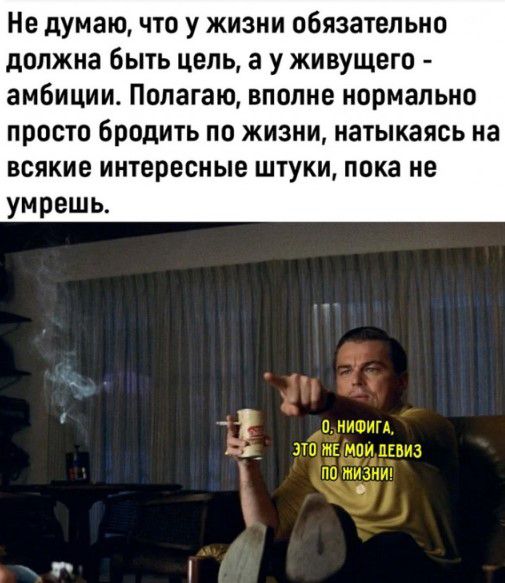Не думаючто у жизни обязательно должна бЫТЬ ЦЕЛЬ 3 У ЖИВУЩЕГО амбиции Полагаю вполне нормально просто Бродить по жизни натыкаясь на всякие интересные штуки пока не умрешь ___