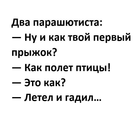 два парашютиста Ну и как твой первый прыжок Как полет птицы Это как Летел и гадил