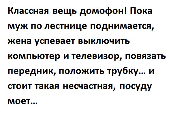 Классная вещь домофон Пока муж по лестнице поднимается жена успевает выключить компьютер и телевизор повязать передник положить трубку и стоит такая несчастная посуду моет