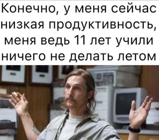 Конечно у меня сейчас низкая продуктивность меня ведь 11 лет учили ничего не делать летом