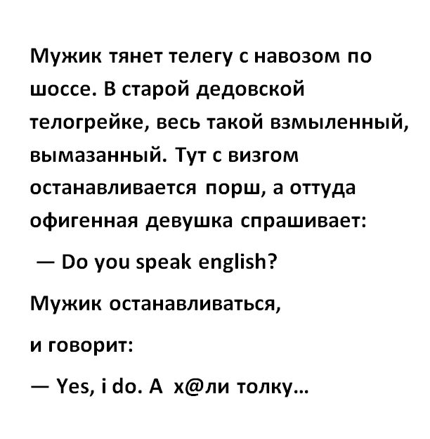 Мужик тянет телегу навозом по шоссе В старой дедовской телогрейке весь такой взмыленный вымазанный Тут визгом останавливается порш а оттуда офигенная девушка спрашивает По уои зреак епві5Ь Мужик останавливаться И ГОВОРИТ Уез і до А хли толку