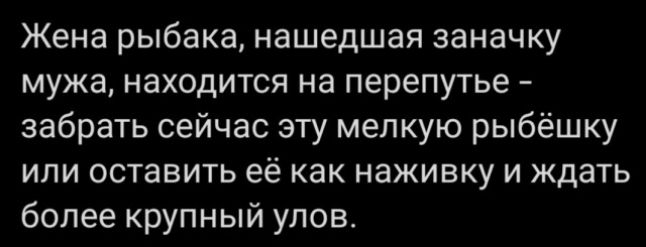 Жена рыбака нашедшая заначку мужа находится на перепутье забрать сейчас эту мелкую рыбёшку или оставить её как наживку и ждать более крупный улов