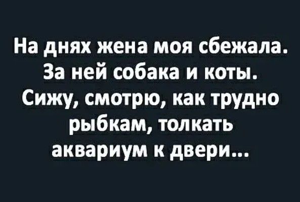 На днях жена моя сбежала За ней собака и коты Сижу смотрю как трудно рыбкам толкать аквариум к двери