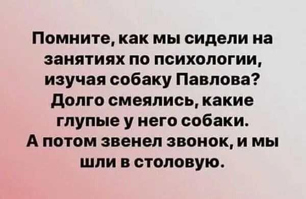 Помните как мы сидели на занятиях по психологии изучая собаку Павлова долго смеялись какие глупые у него собаки А потом звенел звонок и мы шли в столовую