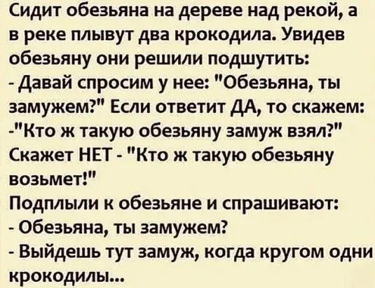 Сидит обезьяна на дереве над рекой а в реке плывут два крокодила Увидев обезьяну они решили подшутить Давай спросим у нее Обезьяна ты замужем Если ответит ДА то скажем Кто ж такую обезьяну замуж взял Скажет НЕТ Кто ж такую обезьяну возьмет Подплыли к обезьяне и спрашивают Обезьяна ты замужем Выйдешь тут замуж когда кругом одни крокодилы