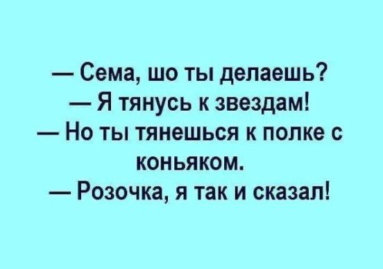 Сема шо ты делаешь Я тянусь к звездам Но ты тянешься к попке коньяком Розочка я так и сказал