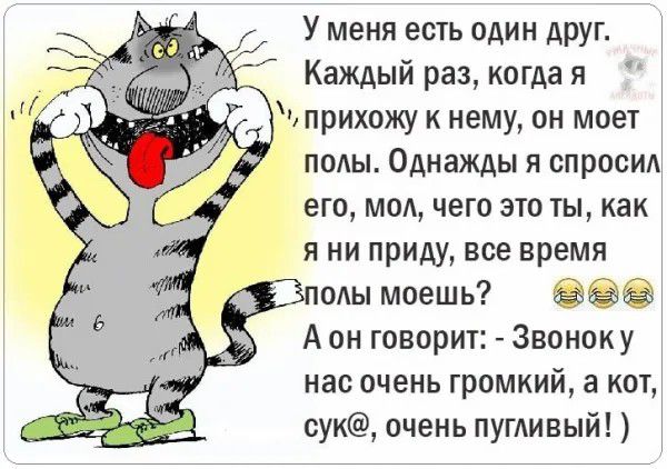 У меня ешь один дРУг Каждый раз когда я иприхпжу к нему он моет полы Однажды я спросил его мол чего это ты как я ни приду все время Зподы моешь нас очень громкий а кт сук очень пугливый
