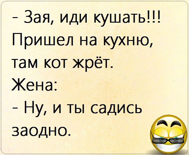 Зая иди кушать Пришел на кухню там кот жрёт Жена Ну и ты садись заодно