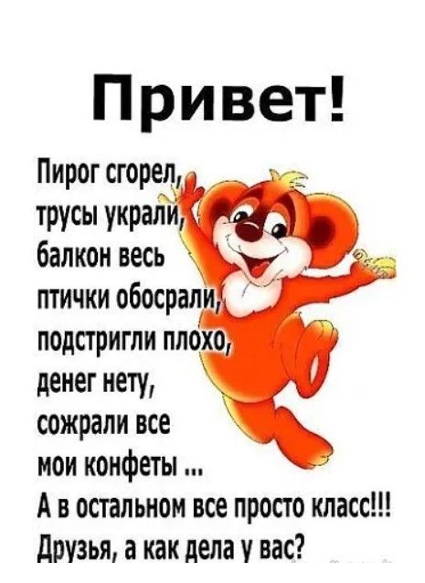 Привет Пирог сгорел трусы украл балкон весь подстригли плох денег нету сожрали все мои конфеты А в остальном все просго класс друзья а как дела у вас