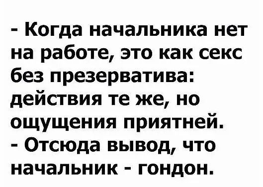 Когда начальника нет на работе это как секс без презерватива действия те же но ощущения приятней Отсюда вывод что начальник гондон