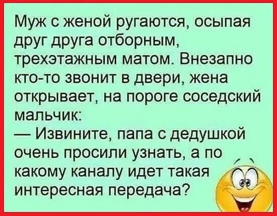 Муж с женой ругаются осыпая друг друга отборным трехэтажным матом Внезапно кто то звонит в двери жена открывает на пороге соседский мальчик Извините папа с дедушкой очень просили узнать а по какому каналу идет такая интересная передача